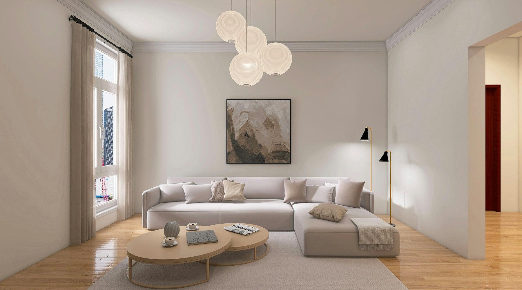 Living room with ceiling, wiring, and interior design completed together
