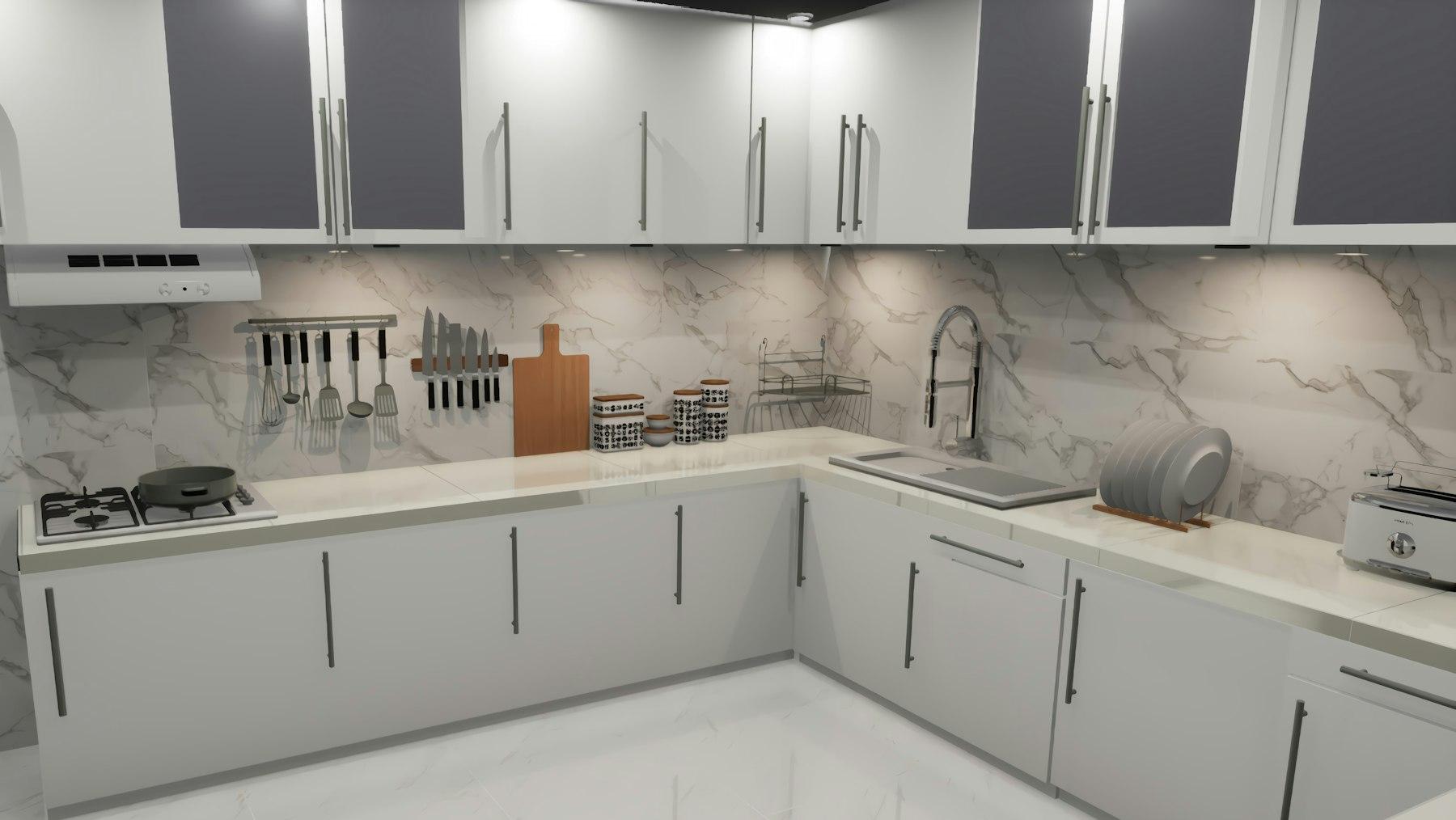Modern kitchen with marble countertops